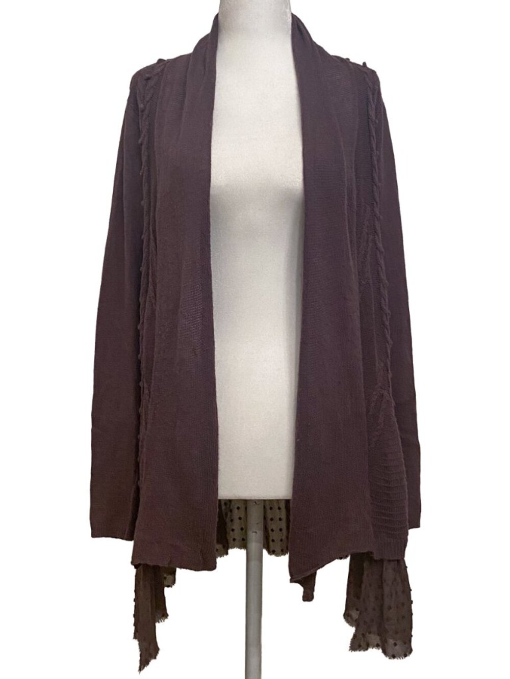 Knitted & Knotted Plum Boho Mixed Media Cable Knit Dot Mesh Cardigan Sweater M
